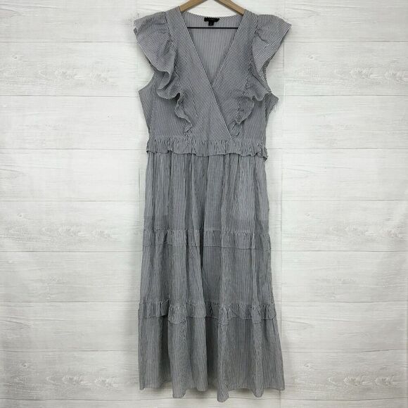 J. Crew Ruffle Sleeve Cotton Voile Midi Dress Size L Striped Gray V Neck Cottage - Picture 1 of 16